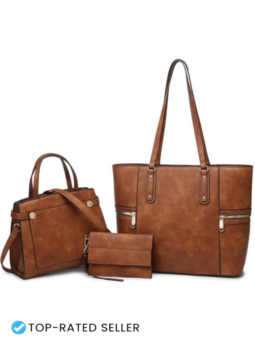 3-Piece Vegan Leather Satchel Tote Set with Wristlet Crossbody